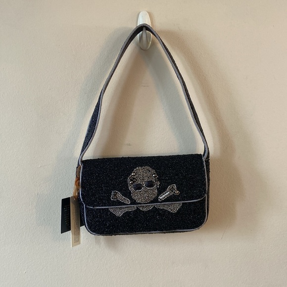 New Trending Halloween Viral Made in India Black Silver Beaded Bag Skull Bones - Picture 7 of 7